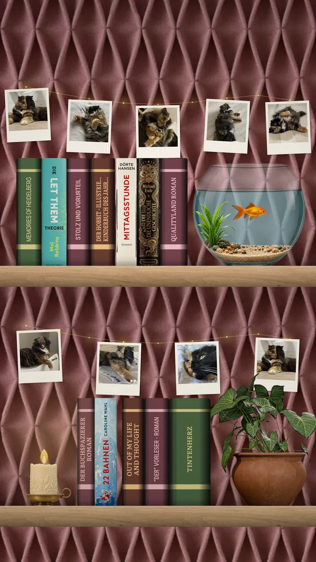 Shelfroom-Regal auf Android mit Buchrücken, Fotorahmen, Fischglas, Kerze und Pflanze.