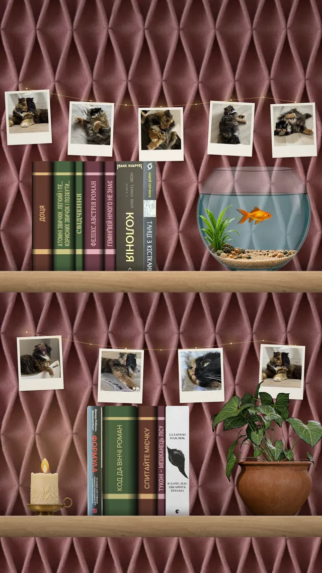 Полиця Shelfroom на Android із корінцями книг, фоторамками, акваріумом, свічкою та вазоном.