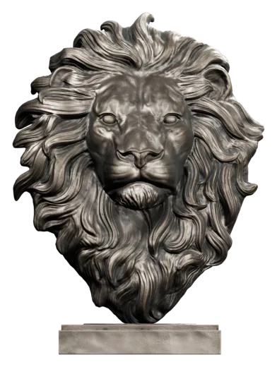 Carved lion-head bust on the shelf